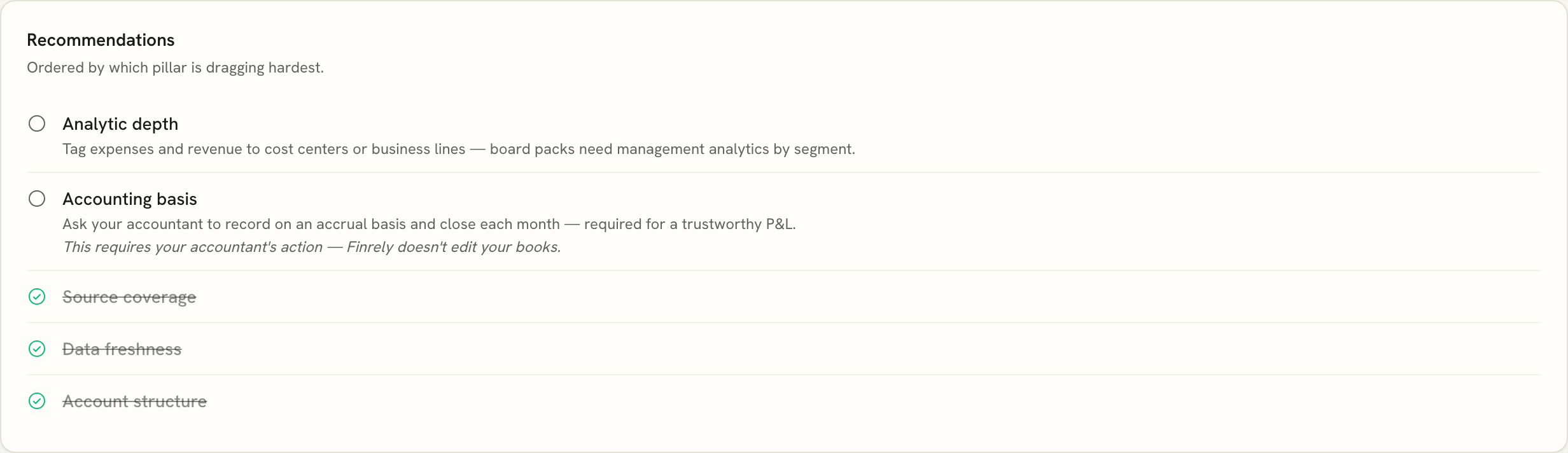 Ordered recommendations for a Board Pack score of 68: analytic depth first, then accounting basis, with the completed pillars struck through