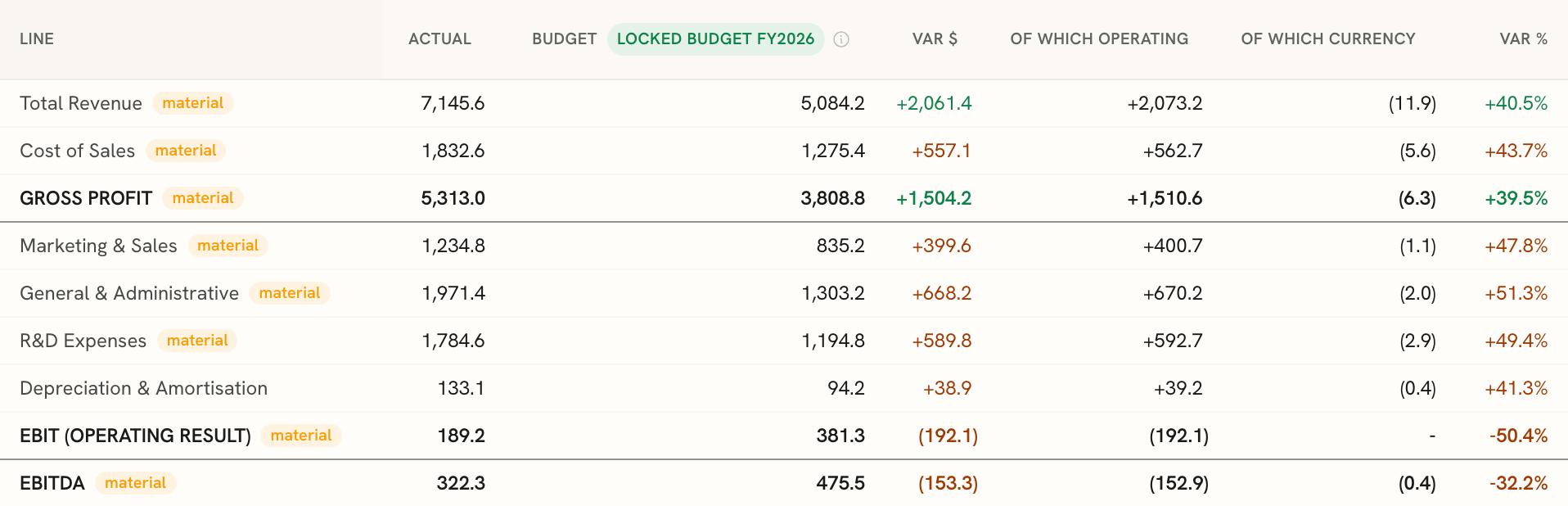 A group-level Budget vs Actual table with columns for actual, locked budget, variance, of which operating, of which currency, and variance percent