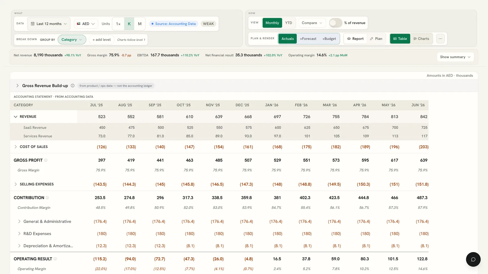 P&L drill-down - Revenue expanded into SaaS and Services, drillable by business line, cost center, category and engagement